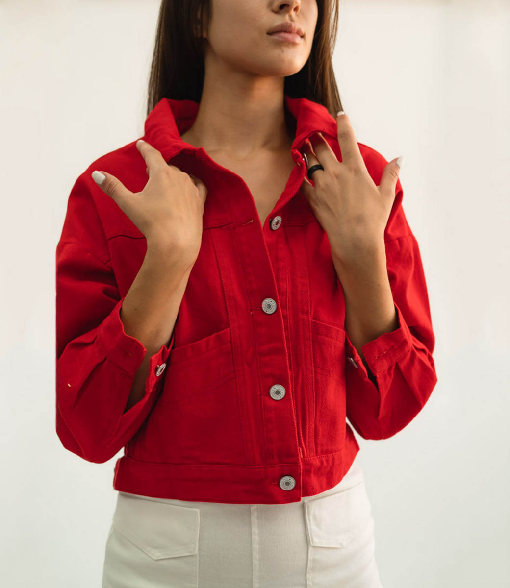 Джинсовая куртка #2025**, красный - фото 3