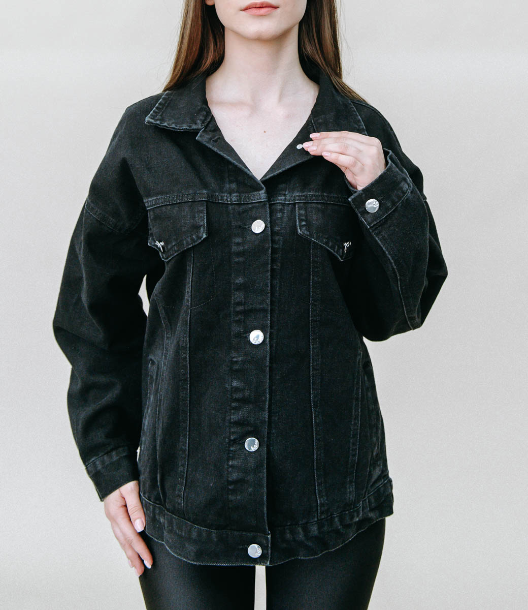Джинсовая куртка #680, цвет чёрный - купить женские джинсовые куртки оптом