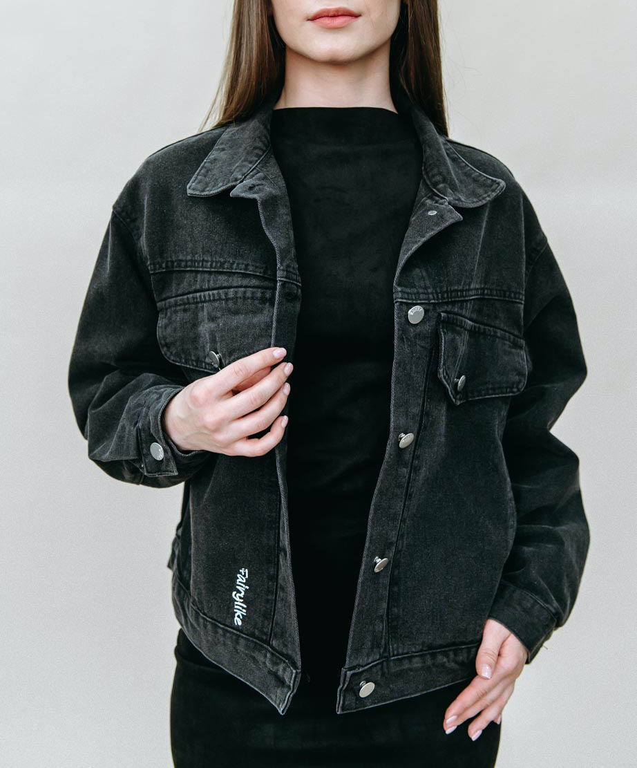 Джинсовая куртка #5865, цвет чёрный - купить женские джинсовые куртки оптом