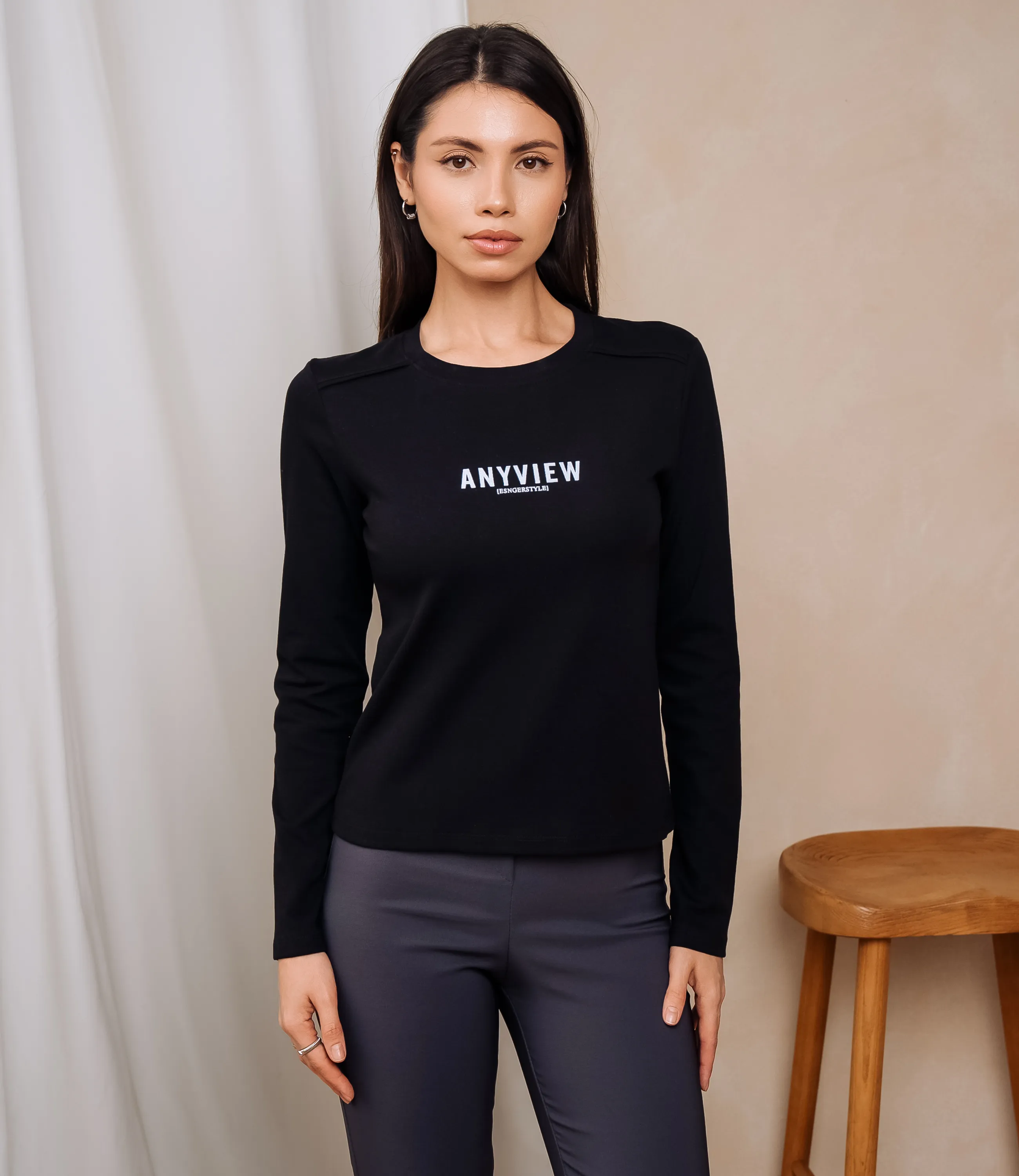 Лонгслив #КТ9072, чёрный - фото 1