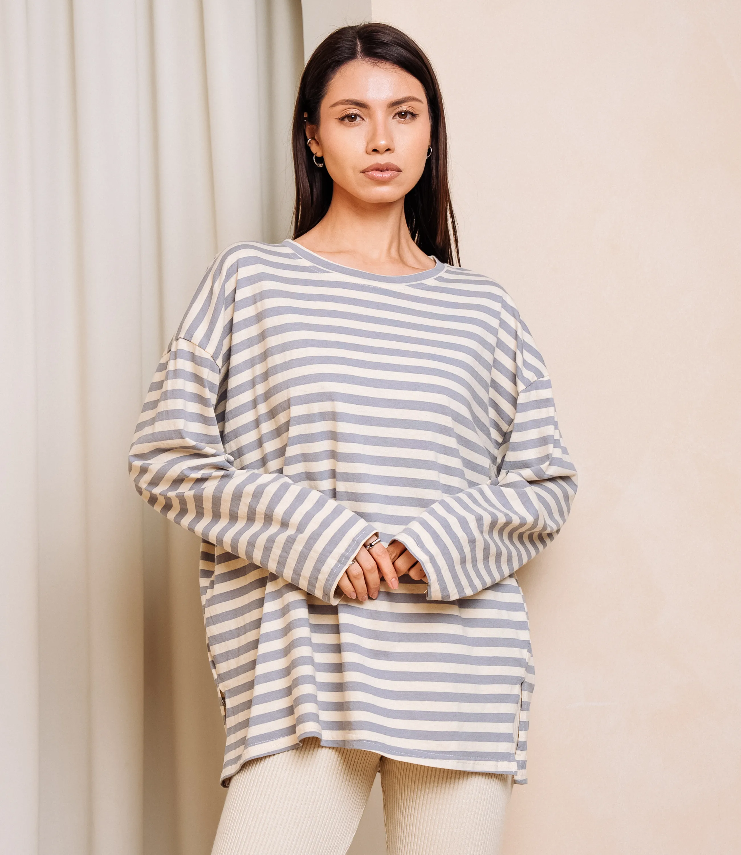 Лонгслив #КТ3045, серый, кремовый - фото 1