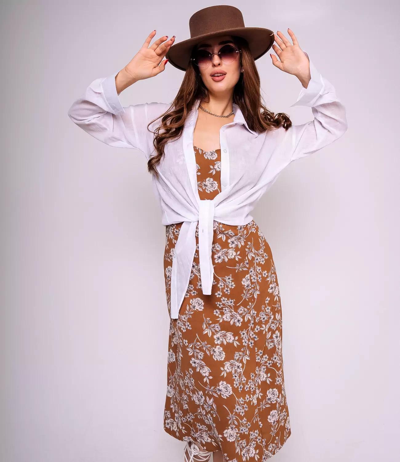 Платье #ОБШ1443-2, коричневый, белый - фото 1