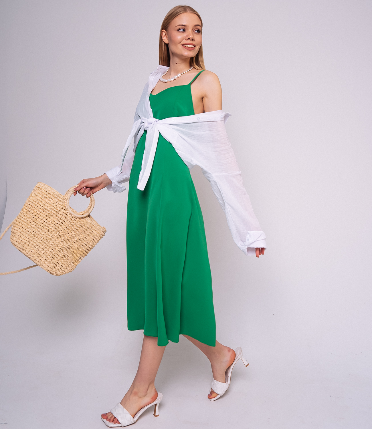 Платье #ОБШ1444, зелёный, белый - фото 2