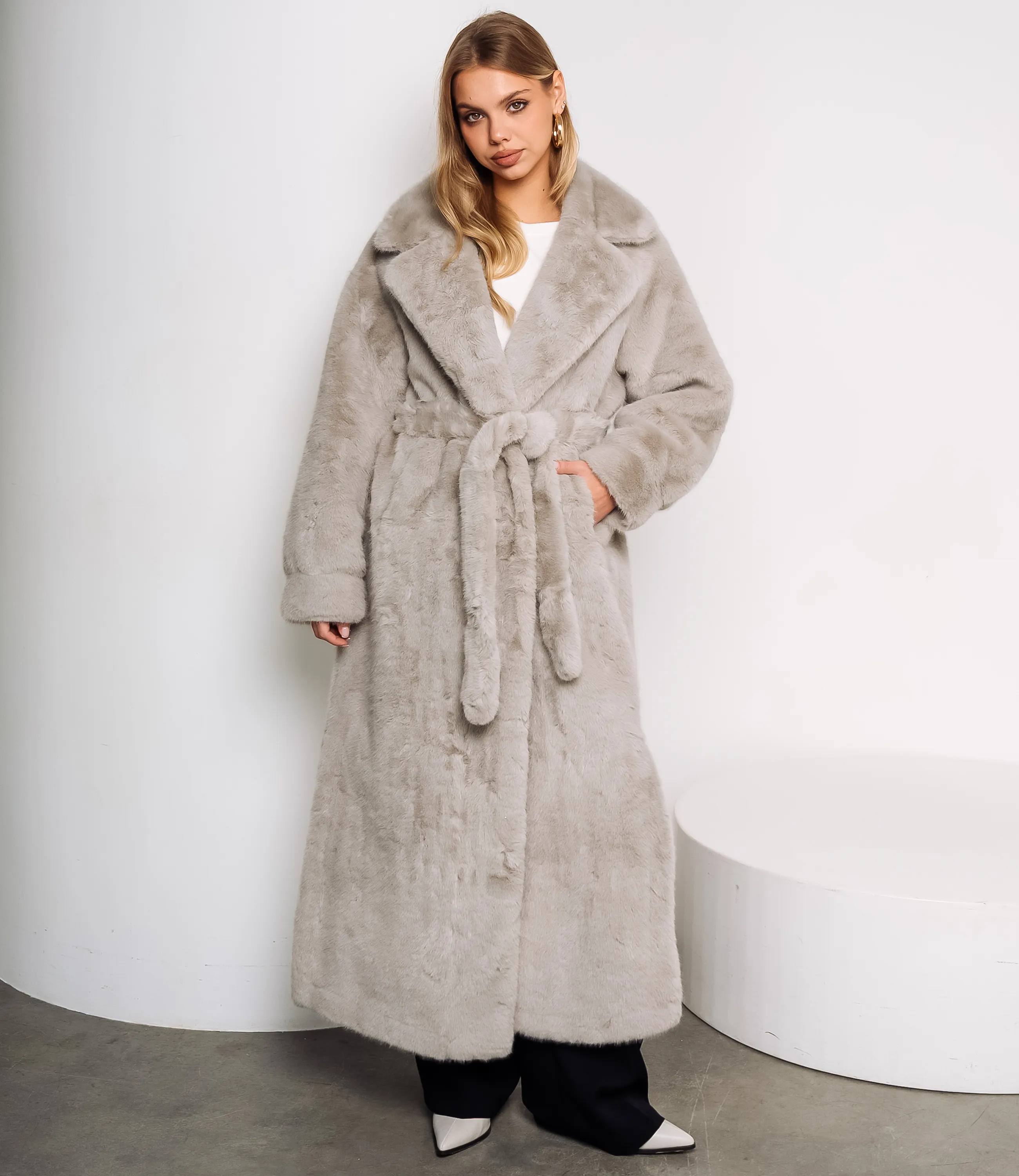 Шуба #КТ5099, бежево-серый - фото 1