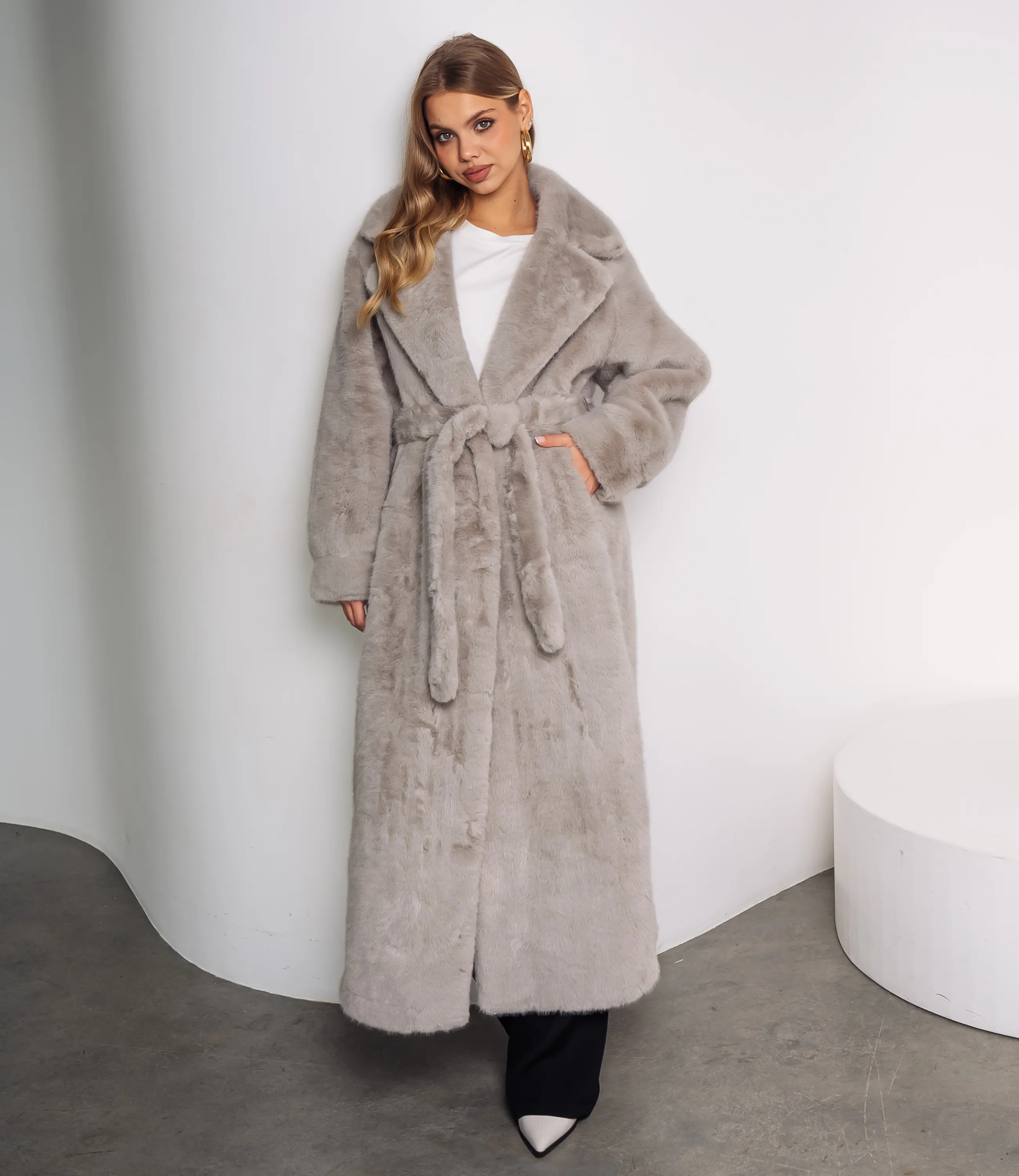Шуба #КТ5099, бежево-серый - фото 4